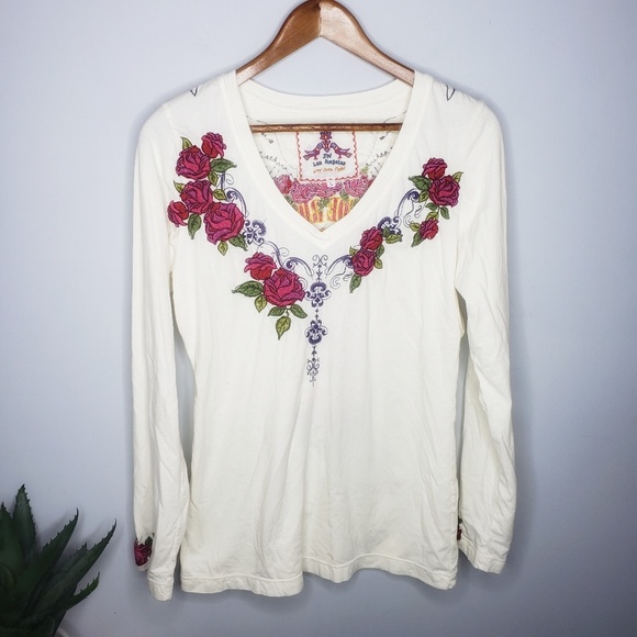Johnny Was Tops - Johnny Was Suede Roses Embroidered LS Top